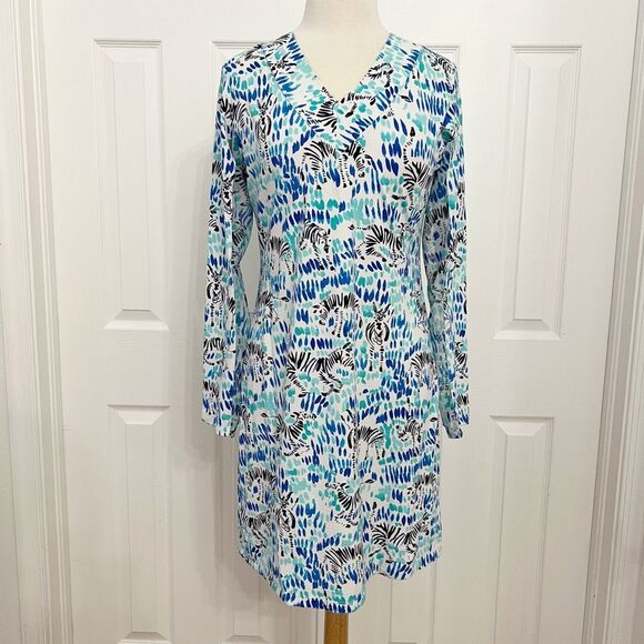 Ibkul Zebra Blue Mesh V-Neck Pull Over Long‎ Sleeve Dress